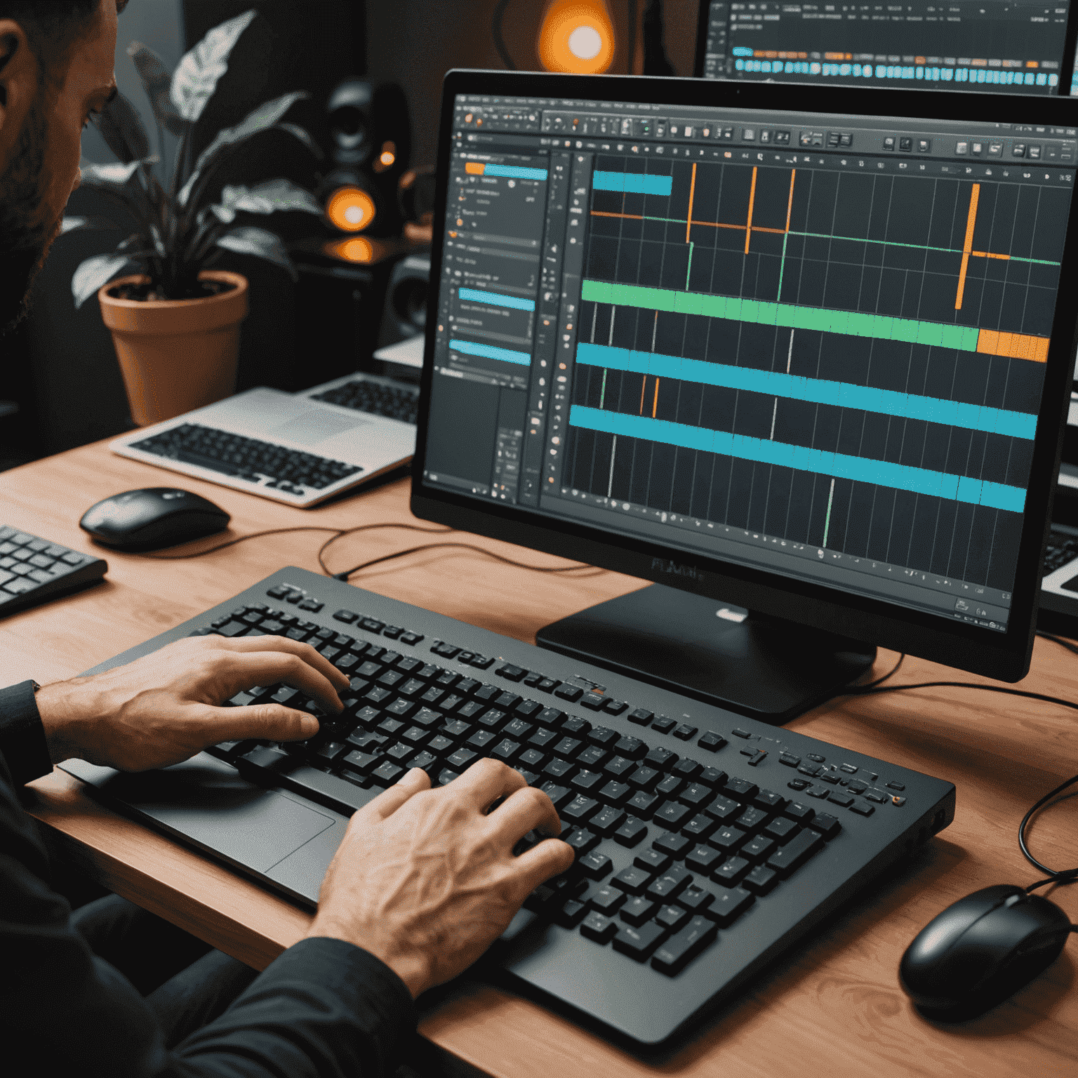 Producer using FL Studio with visible keyboard shortcuts on screen