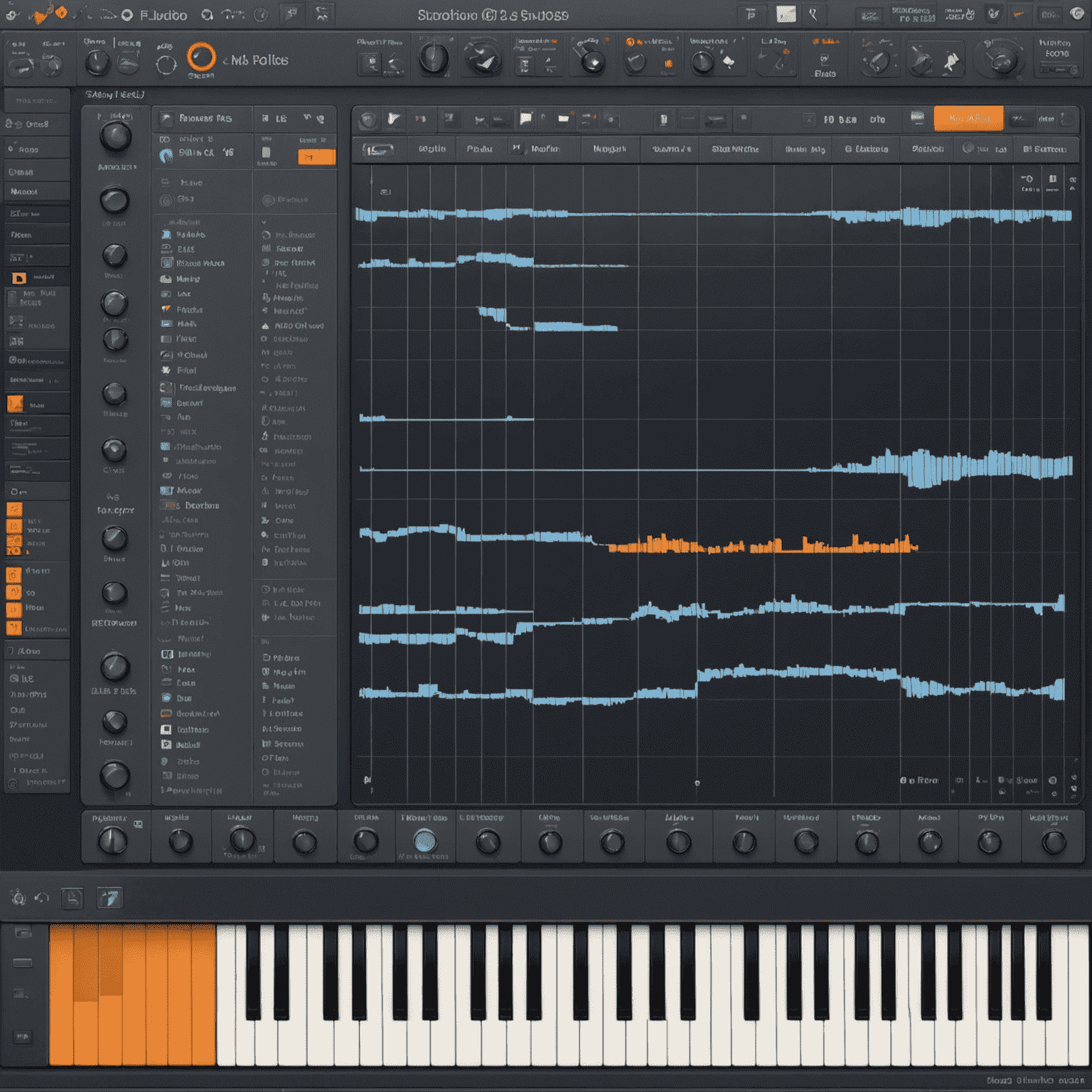 FL Studio's Piano Roll interface with advanced features highlighted, showcasing complex melody patterns